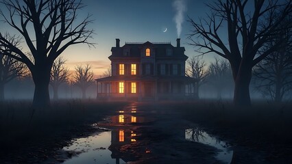 Haunted victorian mansion at dusk with fog and bare trees
