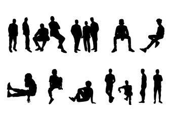 A clean set of 20 male silhouettes in natural standing and seated poses for versatile use in design projects. Perfect for architecture layouts, infograpfics, tattoo, references, and any visuals.