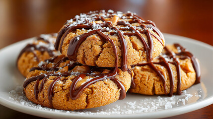 Homemade cookies decorated with chocolate icing and sprinkled with sugar. The cookies are placed on a white plate. For topics related to baking, desserts, home cooking, and holidays.