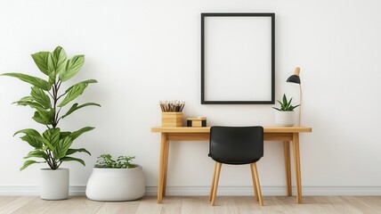 Minimalist home office interior featuring a blank frame, wooden desk, black chair, and green plants