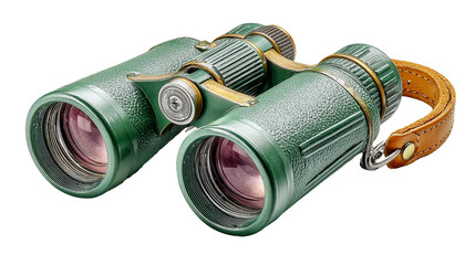 Stunning vintage green binoculars with rich leather strap isolated on deep black background for dramatic effect isolated on transparent background