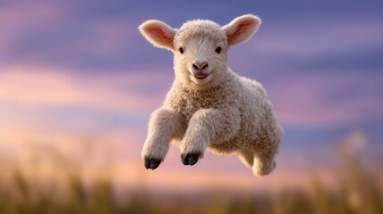 Obraz premium Little lamb leaping happily in springtime field during golden hour representing innocence, joy, and new beginnings