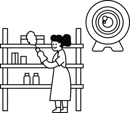 A woman is cleaning a shelf with a bottle of Windex