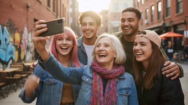 Diverse group of young people and an older woman pose for a selfie on urban street, capturing fun intergenerational connection