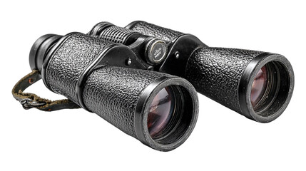 Stunning close up of vintage black binoculars with textured grip isolated against a dramatic black background isolated on transparent background