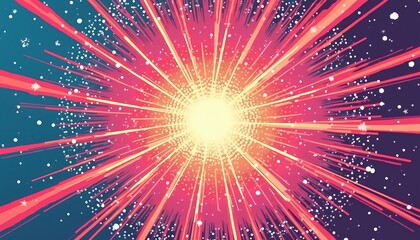 Abstract cartoon pop art design with radial lines. Bright burst of energy in vivid colors. Dynamic graphic illustration. Comic book style background with explosion.