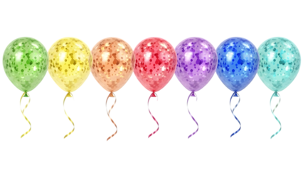 Colorful illuminated balloons arranged in a row isolated on transparent background