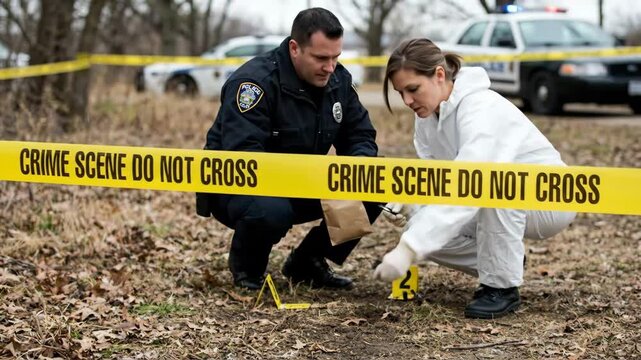 Law enforcement team with police officer and female forensic expert in white suit processing outdoor crime scene, collecting and marking evidence behind yellow tape near squad car