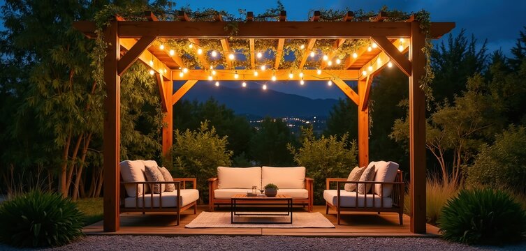 Wooden pergola with string lights illuminates comfortable outdoor seating area at dusk. Rich green plants surrounds a modern patio with sofas and chairs, overlooking a distant town at night.
