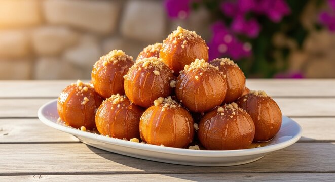 Traditional Cypriot loukoumades dessert with honey and nuts on white plate on wooden table