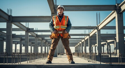 Female construction worker in safety vest and hard hat standing on concrete building site