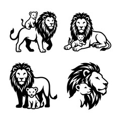 Cute Lion Family Silhouettes: Father and Baby Cub Vector Logo Collection
