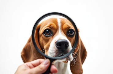 Cute beagle dog looks through magnifying glass. Hound is a curious detective examining something intently. Dog eyes wide with interest and surprise.