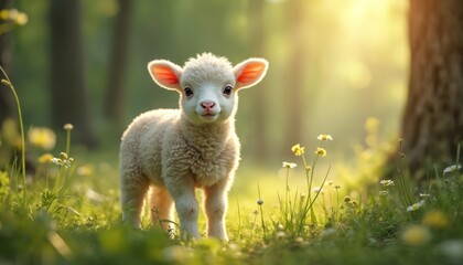 Fototapeta premium Cute fluffy lamb stands in sunlit green forest meadow surrounded by small wildflowers. Young sheep gazes forward gently. Springtime nature scene with soft warm light.