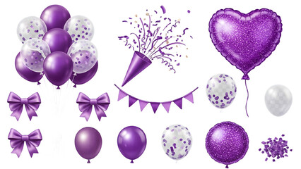 Festive purple balloons and decorations isolated on transparent background