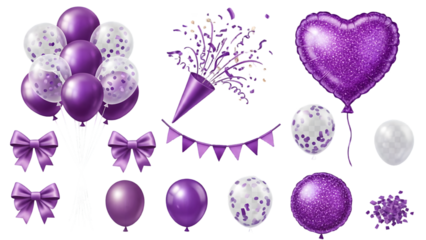 Festive purple balloons and decorations isolated on transparent background