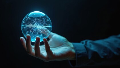Dark background highlights human hand holding glowing sphere filled with digital data streams, sound waves. Futuristic image innovation, technology, predictive analytics. Evokes concepts of