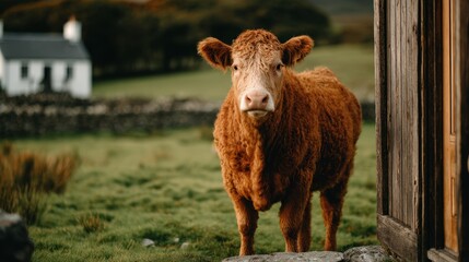 Rural Charm Unveiled A Curious Red Devon Cow Grazes Peacefully in the Irish Countryside at Dawn,