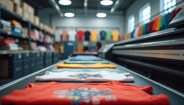 T-shirts on conveyor belt in printing shop. Clothes on machine in factory. Automated garment production line prints design on clothing. Apparel manufacture in modern industry work.