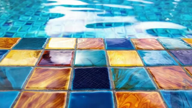 Colorful tiles on edge of swimming pool with blue water reflecting sunlight