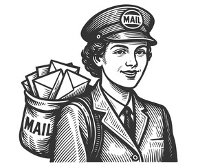 smiling female postal worker in uniform, carrying a mailbag full of envelopes sketch engraving generative ai fictional character raster illustration. Scratch board imitation. Black and white image.