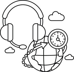 A drawing of a globe with a clock on it and a headset on top of it