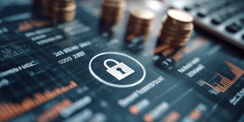 Secure Online Banking with Cybersecurity Protection, Gold Coins, Digital Lock, and Financial Safety