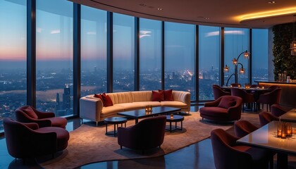Upscale lounge with panoramic city view at twilight. Modern bar area features plush seating, elegant tables, and ambient lighting, perfect for exclusive gatherings and fine dining experiences.