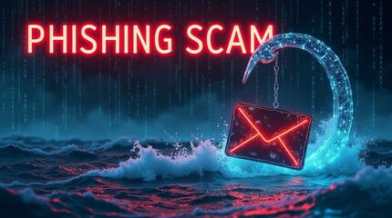 A visual representation of a phishing scam, showcasing a glowing email icon surrounded by digital waves.