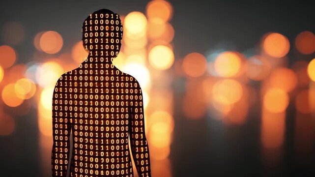 A figure illuminated by binary code patterns stands against a soft focus, glowing backdrop, showcasing the intersection of technology and identity
