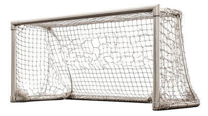 Stunning close up of a weathered soccer goal net against a dramatic dark background symbolizing competition and achievement isolated on transparent background