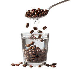 Coffee Beans Splashing into Glass of Fresh Water, Refreshing Beverage Concept
