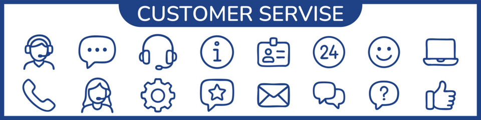 Customer service set of web icons in Rough Minimal Line style. Help and support. Support and service icons for web and mobile app. Online help, assistance, customer, 24 hrs, service and more.