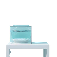 Crystal Clear Glass Aquarium with Water on White Table