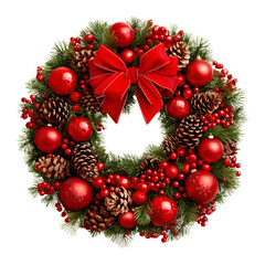 Elegant Christmas Wreath with Red Ornaments and Pine Cones