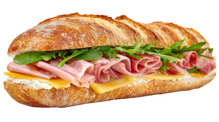 Fresh Ham and Cheese Baguette Sandwich with Lettuce and Cream Spread on white background