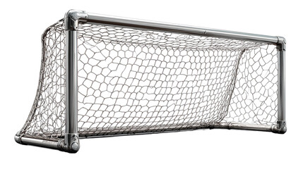Stunning, professional metal soccer goal frame with taut netting isolated against a dramatic black background for sports design isolated on transparent background
