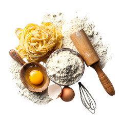 Homemade Pasta Ingredients and Tools on Flour Background