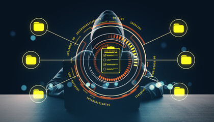 Cybersecurity breach concept showing hooded person behind digital interface with glowing folders and data icons on dark background.