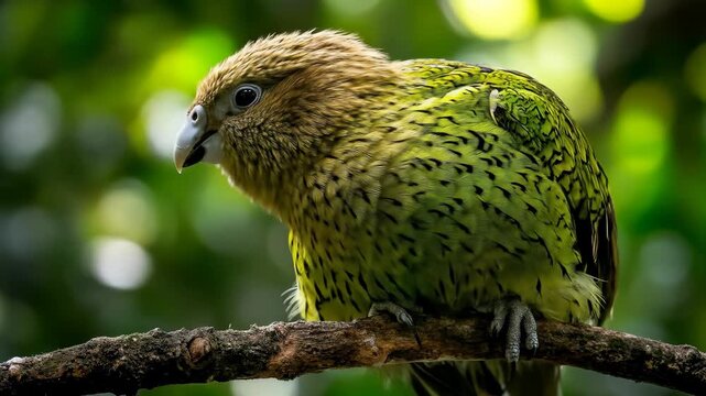 A captivating shot showcases the curious gaze of a perched Kaka, a New Zealand parrot, amid the lush green foliage of its natural habitat, highlighting avian wildlife.