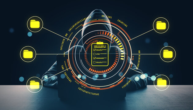 Cybersecurity breach concept showing hooded person behind digital interface with glowing folders and data icons on dark background.