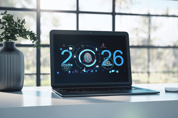 Futuristic digital fingerprint interface on laptop screen in modern office with soft light background and abstract data visualization elements. 3D Rendering