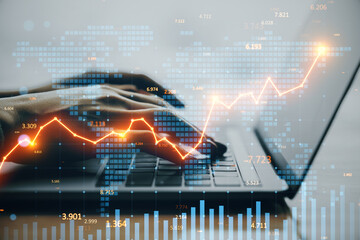 Hands typing on laptop with digital financial chart overlay and glowing stock market graph on light background, symbolizing global business growth.