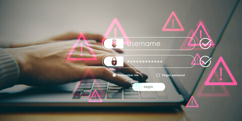 Login screen with warning icons and user entering credentials on laptop, symbolizing digital security alert concept in online applications interface.