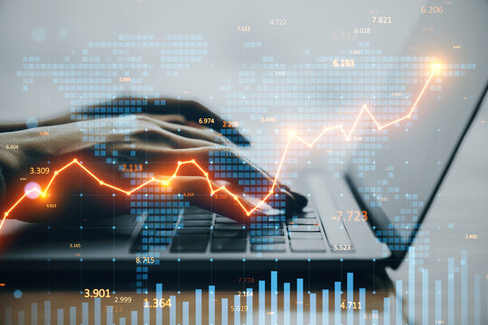 Hands typing on laptop with digital financial chart overlay and glowing stock market graph on light background, symbolizing global business growth.