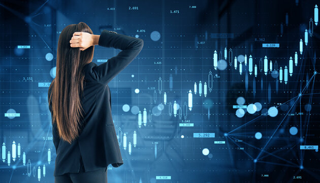 Businesswoman analyzing financial market chart data on digital screen background with currency and index growth visualization concept.