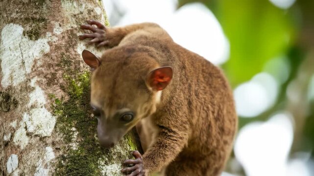 Cute Kinkajou clinging to a tree. Tropical habitat. Adorable animal in nature.