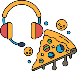 A pizza slice with a headset on top of it
