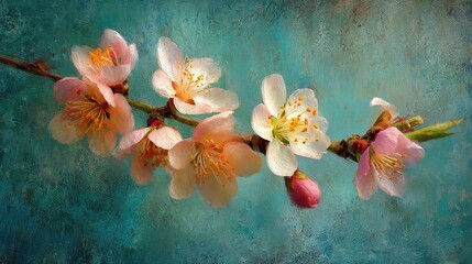 Painterly pink and white blossoms on branch, artistic teal texture
