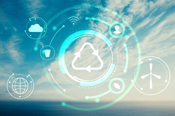 Digital eco-friendly recycling concept with futuristic technology icons on light cloud sky background representing sustainability and innovation.